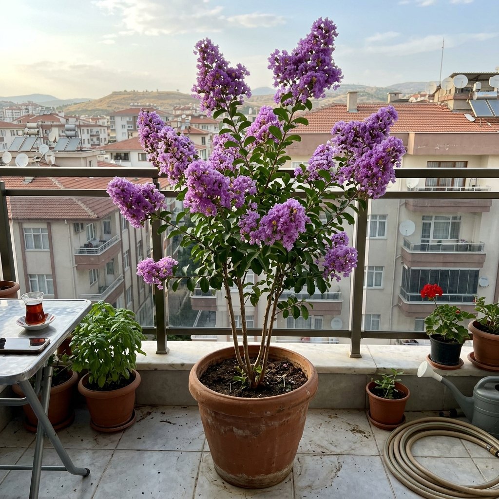Balkonda saksıda — mor/lila · büyük saksıda apartmanda da yetişir